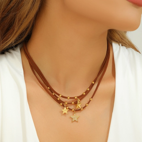 Collana con Ciondolo a Stella in Acciaio Inossidabile Retro Cordino in Pelle Marrone Choker con Strass Dorato Gioielli Bohemian Donna