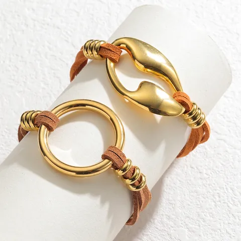 Vintage Unregelmäßig Geometrisch Rund Ring Leder Armband Für Damen Herren Gold Edelstahl Wildlederschnur Verstellbar Schmuck