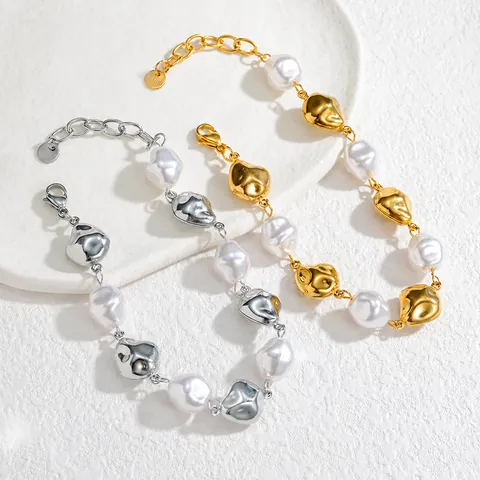 Baroque Irregular Artificial Pearl Stainless Steel Bracelet For Women Fashion Geometric Metal Bead Necklace Jewelry Gift