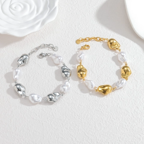 Baroque Irregular Artificial Pearl Stainless Steel Bracelet For Women Fashion Geometric Metal Bead Necklace Jewelry Gift