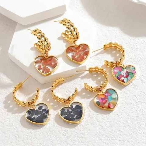 Orecchini a Goccia a Cuore in Acciaio Inossidabile Vintage Francese Oro Strutturato Resina Colorata Intarsio di Conchiglia Gioielli Donna