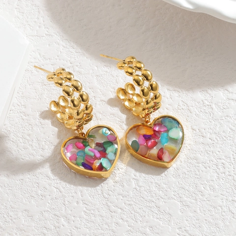 Orecchini a Goccia a Cuore in Acciaio Inossidabile Vintage Francese Oro Strutturato Resina Colorata Intarsio di Conchiglia Gioielli Donna