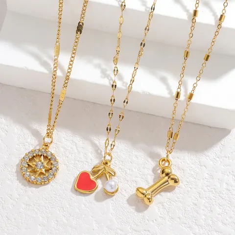 Collana con Pendente in Acciaio Inossidabile Strass Perla Artificiale Stella Osso Ciliegia per Donna Gioielli di Moda