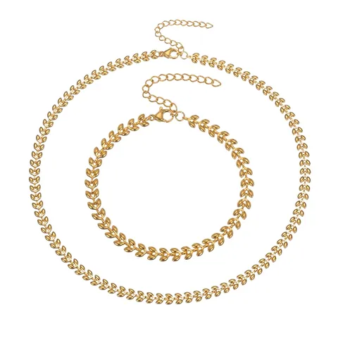 Collana e Braccialetto in Acciaio Inossidabile a Forma di Spiga di Grano e Foglia per Donna Vintage Francese Oro Placcato Gioielli di Moda
