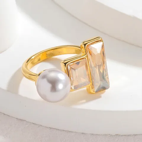 Anello Quadrato Geometrico Regolabile in Acciaio Inossidabile Placcato Oro Vintage Con Perla Artificiale E Strass Da Donna