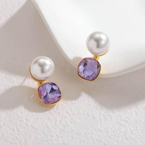 Elegante Paarse Zirkonia Imitatie Kunstparel Oorknopjes Roestvrij Staal Verguld Vierkant Geometrische Oorbellen Voor Vrouwen Sieraden