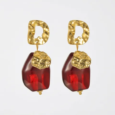 Pendientes Geométricos Vintage en Forma de D de Acero Inoxidable y Vidrio Rojo para Mujer Boda Joyería Elegante Lujo