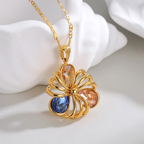 Vintage Luxe Roestvrijstalen Holle Bloem Hanger Ketting Met Gekleurde Peer Geslepen Zirkoon Elegante Sieraden Voor Vrouwen