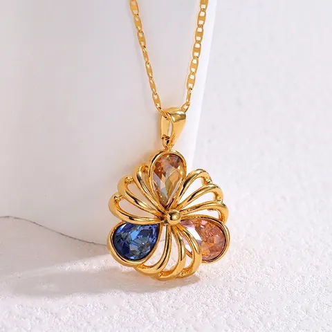 Vintage Luxe Roestvrijstalen Holle Bloem Hanger Ketting Met Gekleurde Peer Geslepen Zirkoon Elegante Sieraden Voor Vrouwen
