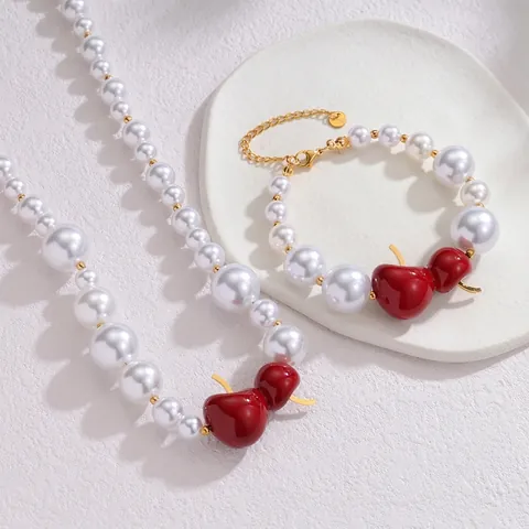 Juego de Joyas Collar Pulsera Colgante Cereza Resina Perla Artificial Acero Inoxidable Estilo Fruta Elegante Mujer Regalo