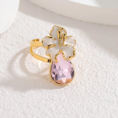 Bague Ouverte Fleur en Acier Inoxydable de Luxe Français pour Femme Strass Rose Doux Goutte d'Eau Bague Réglable Bijoux