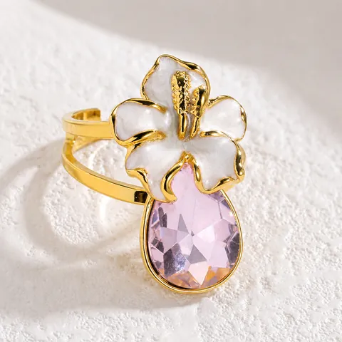 Bague Ouverte Fleur en Acier Inoxydable de Luxe Français pour Femme Strass Rose Doux Goutte d'Eau Bague Réglable Bijoux
