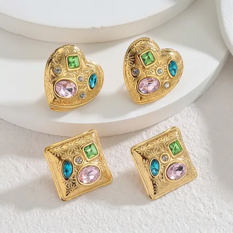 Pendientes Geométricos de Acero Inoxidable Vintage Francés Con Diamantes de Imitación de Colores Corazón Cuadrado Mujer