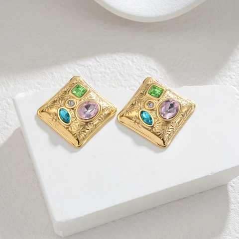 Pendientes Geométricos de Acero Inoxidable Vintage Francés Con Diamantes de Imitación de Colores Corazón Cuadrado Mujer