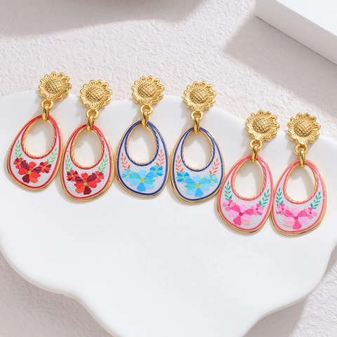 Vintage Bemalte Blumen Hohle Wassertropfen Ohrringe Luxus Edelstahl Sonnenblume Ohrstecker Für Damen Retro Schmuck