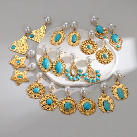 Vintage Bohemian Stainless Steel Dangle Earrings With Artificial Pearl And Synthetic Turquoise Retro Jewelry For Women