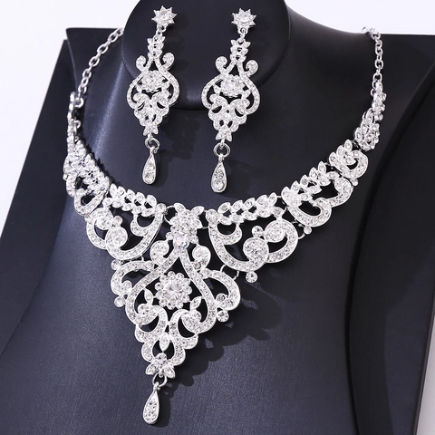 Vintage Luxe Legering Strass Bloem Ketting Oorbellen Set Elegante Waterdruppel Kristal Bruids Bruiloft Sieraden Voor Vrouwen