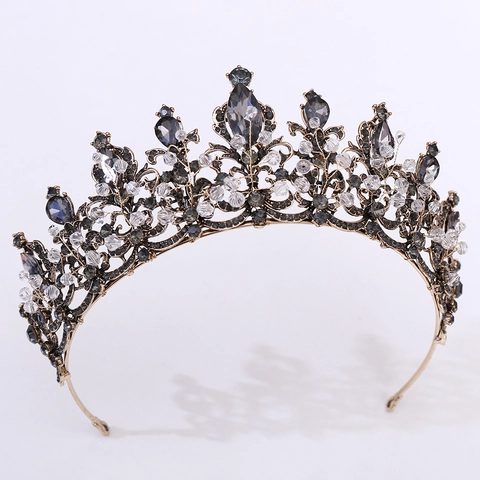 Corona da Sposa in Cristallo Grigio Barocco Vintage Diadema nuziale in lega d'oro antico con strass Accessorio per capelli