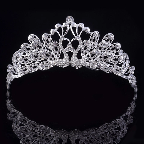 Elegante Corona Sposa Diadema Lega Argento Strass Bianco Design Pavone Accessorio Capelli Matrimonio Donna Gioielli