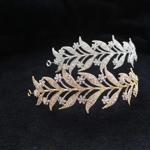Elegante Corona da Sposa in Lega con Strass Tiara Design a Foglia di Fiore Accessori per Capelli Matrimonio Donna Oro Argento Oro Rosa