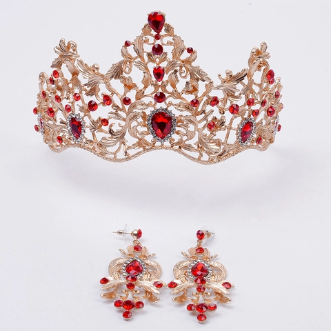 Baroque Vintage Gold Alloy Rhinestone Bridal Tiara Earring Set Leaf Pattern Luxurious Wedding Banquet Jewelry Set For Women