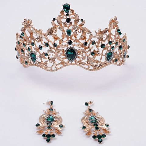 Baroque Vintage Gold Alloy Rhinestone Bridal Tiara Earring Set Leaf Pattern Luxurious Wedding Banquet Jewelry Set For Women