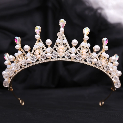 Tiara da Sposa in Lega e Strass Corona Fatta a Mano Con Perla Artificiale Accessori per Capelli da Principessa Matrimonio
