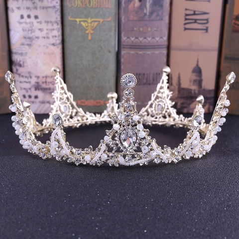 Tiara a Corona da Sposa in Stile Barocco per Donna Matrimonio in Lega con Strass Cristallo Fatta a Mano Copricapo di Perle Artificiali Accessori per Capelli