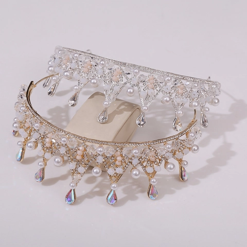 Tiara da Sposa in Lega e Strass Corona Fatta a Mano Con Perla Artificiale Accessori per Capelli da Principessa Matrimonio