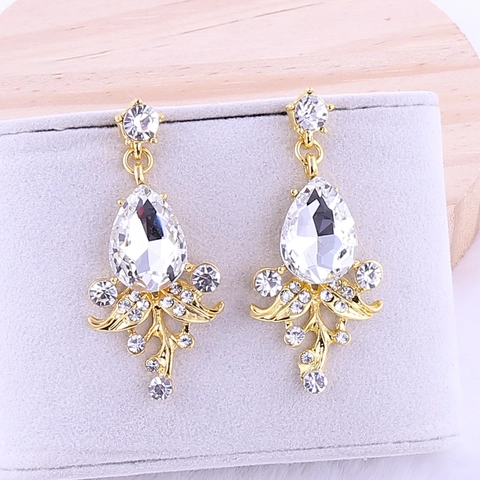 Luxus Legierung Wassertropfen Kristall Blatt Hängeohrringe Für Hochzeit Braut Vintage Strass Schmuck Für Damen Geschenk