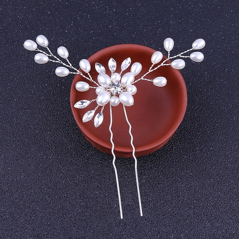 Forcine per Capelli da Sposa Argento Fatte a Mano Con Künstliche Perle Strass Fiore Ramo Clip a U per Banchetto Matrimonio Gioielli