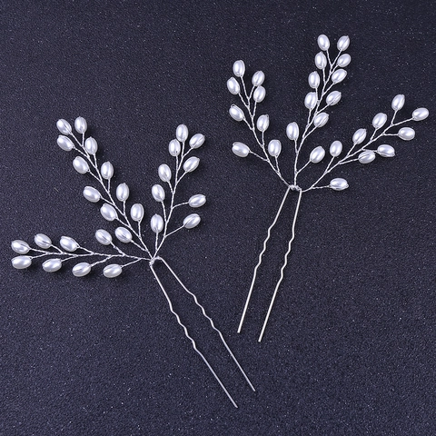 Forcina per Capelli da Sposa Fatta a Mano Elegante Perla Artificial Bianca Filo di Rame Ramo a Forma di U per Gioielli da Donna