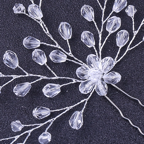 Handmade Crystal Bridal Hair Fork Silver Plated Copper Wire Branch Flower Hair Stick For Wedding Party Brides Accessories