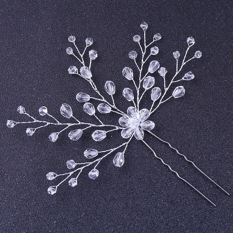 Handmade Crystal Bridal Hair Fork Silver Plated Copper Wire Branch Flower Hair Stick For Wedding Party Brides Accessories