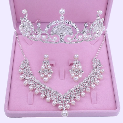Set di Gioielli da Sposa con Perle Artificiali e Strass Corona in Lega Collana Orecchini per Matrimonio Donna