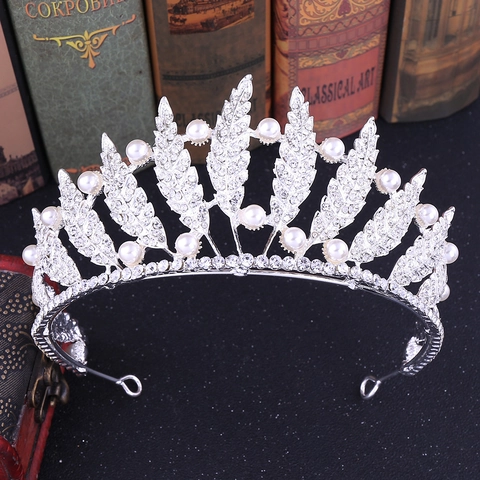 Tiara a Corona da Sposa a Foglia in Stile Coreano Con Strass E Künstliche Perle In Lega Barocca Accessorio Capelli Matrimonio Per Donna