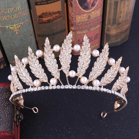 Tiara a Corona da Sposa a Foglia in Stile Coreano Con Strass E Künstliche Perle In Lega Barocca Accessorio Capelli Matrimonio Per Donna