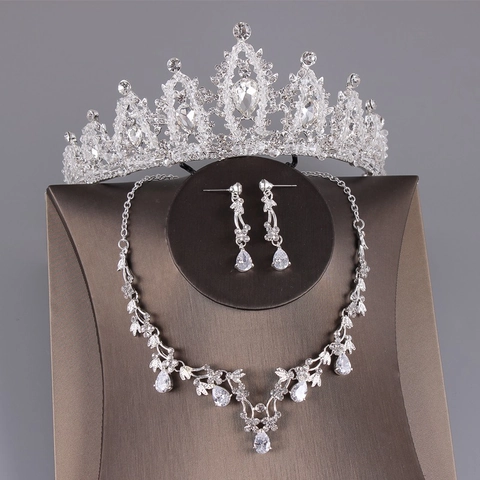 Luxurious Bridal Jewelry Set Alloy Rhinestone Tiara Crown Necklace Earrings For Wedding Party Women Accessories