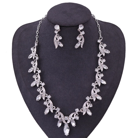 Elegante Collar Y Pendientes de Novia de Aleación con Strass Color Plata Cristal Floral Hoja Colgante Joyería Boda Fiesta Adorno