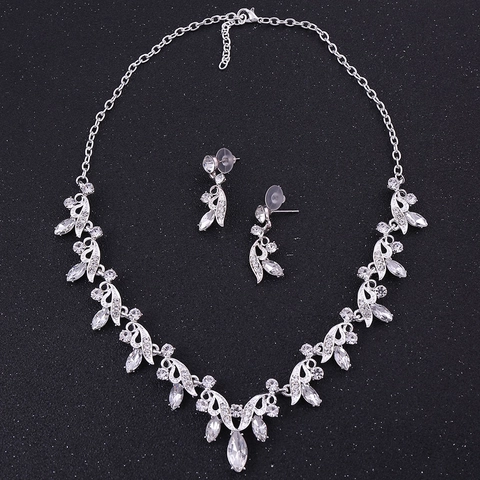 Elegante Collar Y Pendientes de Novia de Aleación con Strass Color Plata Cristal Floral Hoja Colgante Joyería Boda Fiesta Adorno