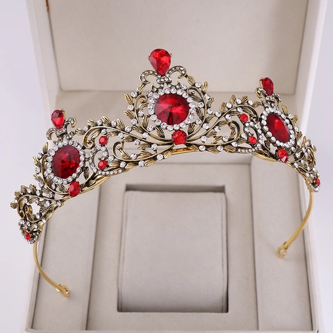 Corona da Sposa Barocca Vintage Foglia Oro Antico Rosso Strass Tiara per Matrimonio Banchetto Festa Donna Accessori Capelli