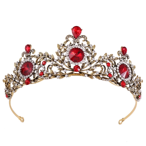 Corona da Sposa Barocca Vintage Foglia Oro Antico Rosso Strass Tiara per Matrimonio Banchetto Festa Donna Accessori Capelli