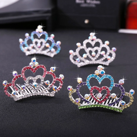 Alloy Rhinestone Heart Crown Tiara Hair Comb For Kids Girls Wedding Party Birthday Performance Princess Hair Accessories