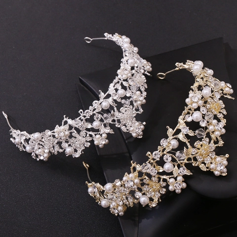 Lussuosa Tiara da Sposa in Lega a Fiori Con Strass e Perle Artificiali Corona da Matrimonio Fatta a Mano per Donna