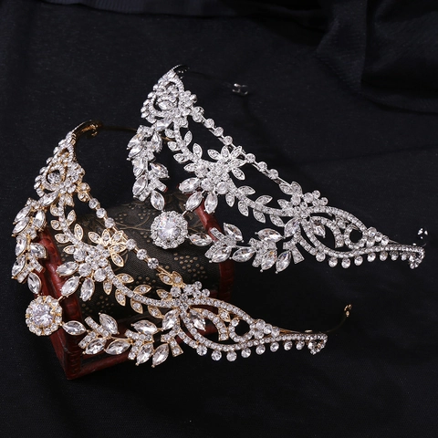 Luxus Barock Braut Hochzeit Krone Tiara Für Damen Gold Silber Legierung Blatt Floral Zirkon Strass Haarschmuck