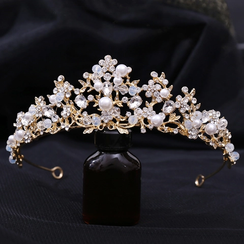 Corona Tiara a Ramo di Fiori da Sposa di Lusso Con Strass e Künstliche Perle Oro Argento Accessori Capelli Sposa Donna