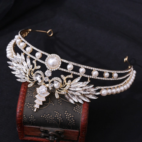 Lussuosa Tiara da Sposa in Lega Zirconia Ali di Pavone Strass Corona Nuziale Con Perla Artificial Sintetica Per Donna Gioielli per Capelli