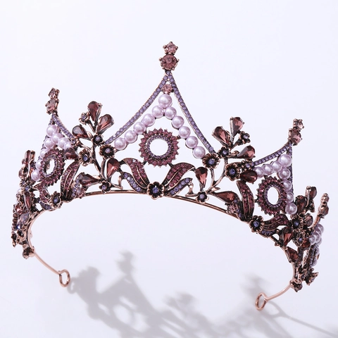 Corona Tiara Barocca Retrò con Foglie Lega Rame Antico Strass Cristallo Copricapo Sposa per Matrimonio Festa Donna Gioielli