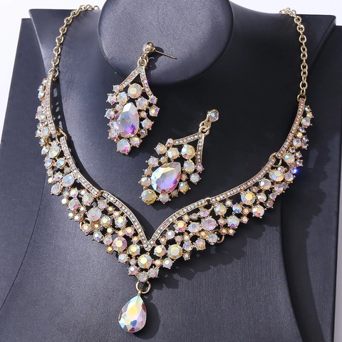 Vintage Legierung Kristall Glas Wassertropfen Halskette Ohrring Set Strass Braut Hochzeit Schmuck Set Damen Bankett Party Zubehör