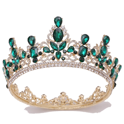 Lussuosa Corona da Sposa in Cristallo Rosso Blu Verde Barocco Vintage Oro Argento Lega Strass Tiara per Matrimonio Festa Gioielli